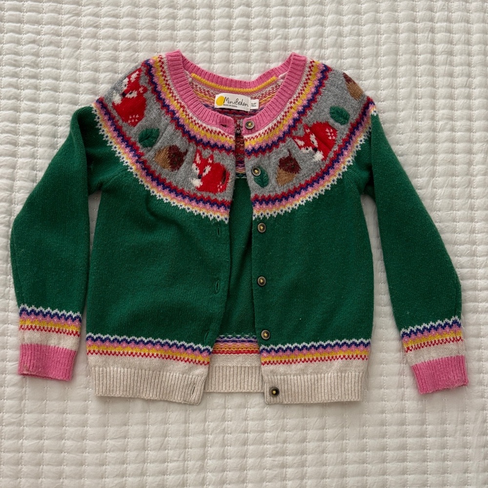Mini Boden Green Sweater with Pink and Cream Details